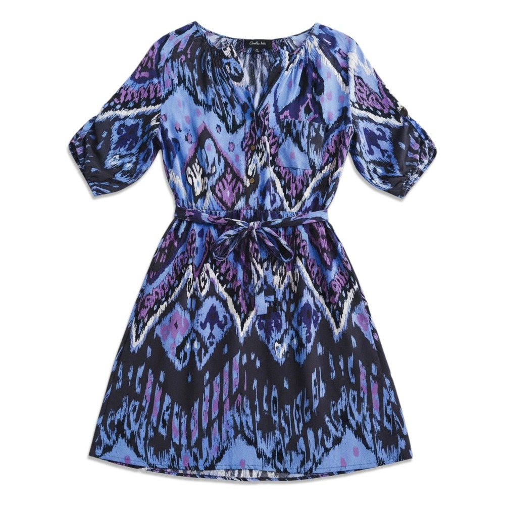 Charlie Jade Silk Dress Womens Medium Blue Purple Ikat Print Roll Tab Boho Shift